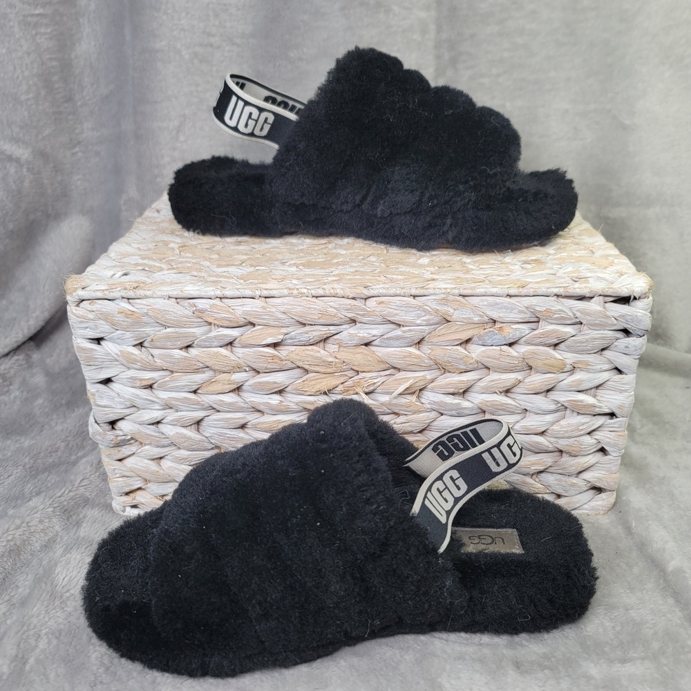 UGG Fluff Yeah Slide Black Sheepskin Slingback Slipper Y2K Size 5 Soft Girl Cool - Picture 4 of 7